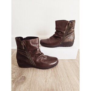 Remonte Brown Leather Side Zip Above Ankle Wedge Scrunch Boots Shoes 37 6